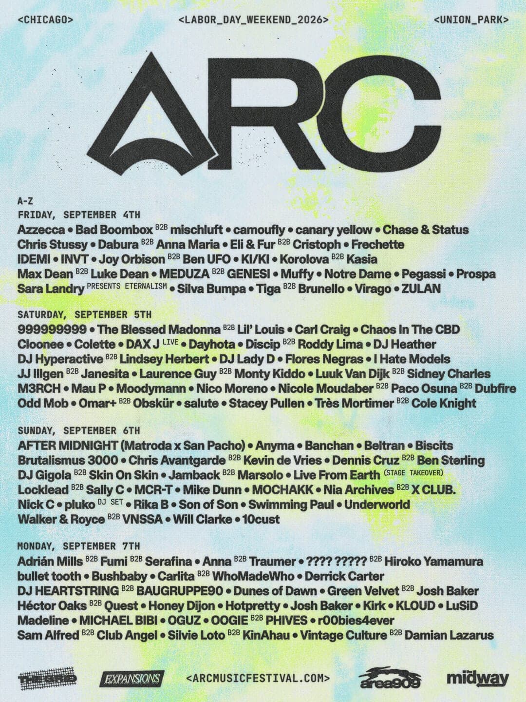 ARC 2026 lineup poster — September 4–7, 2026, Union Park, Chicago, IL