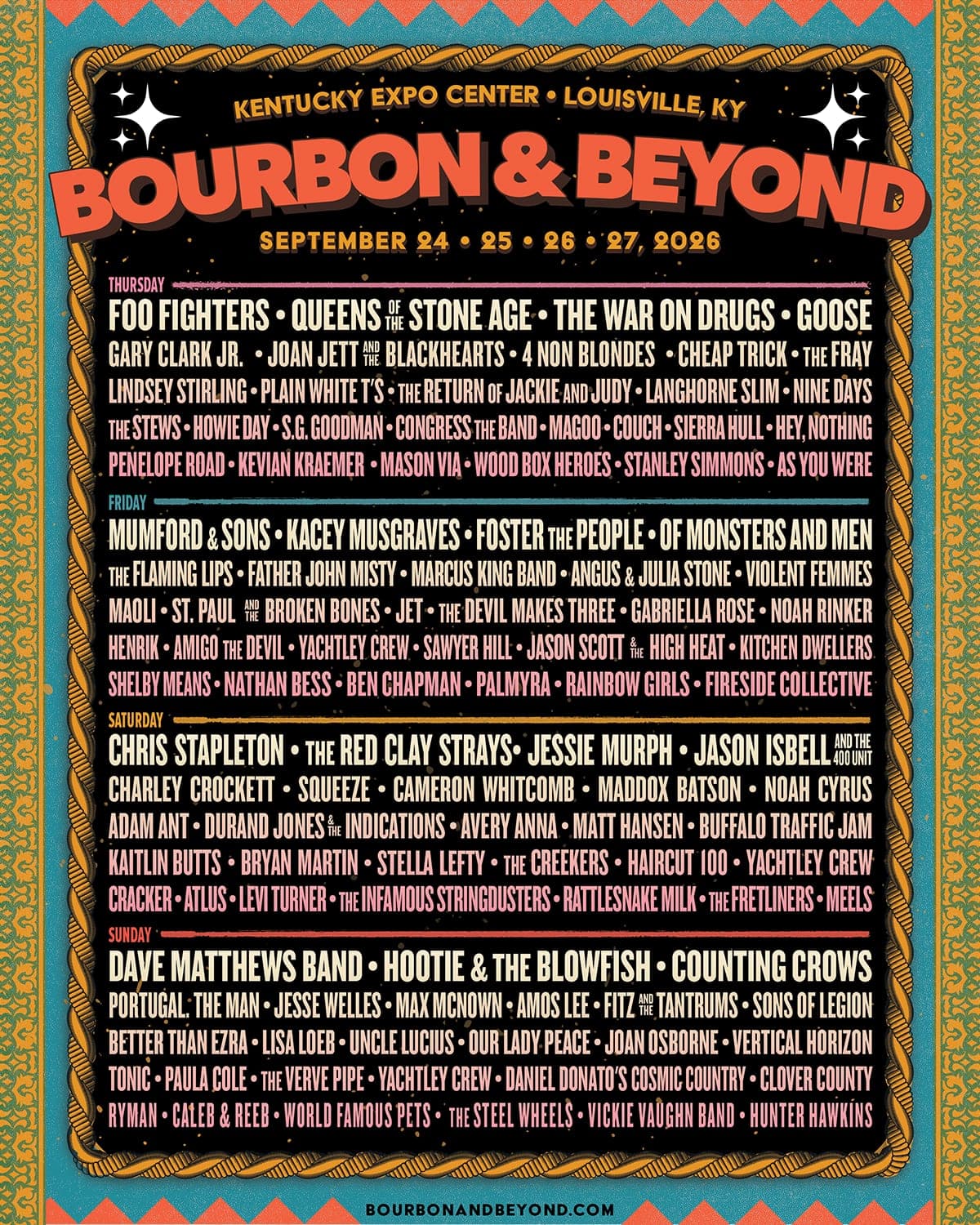 Bourbon & Beyond 2026 lineup poster — September 24–27, 2026, Highland Festival Grounds at KY Expo Center, Louisville, KY
