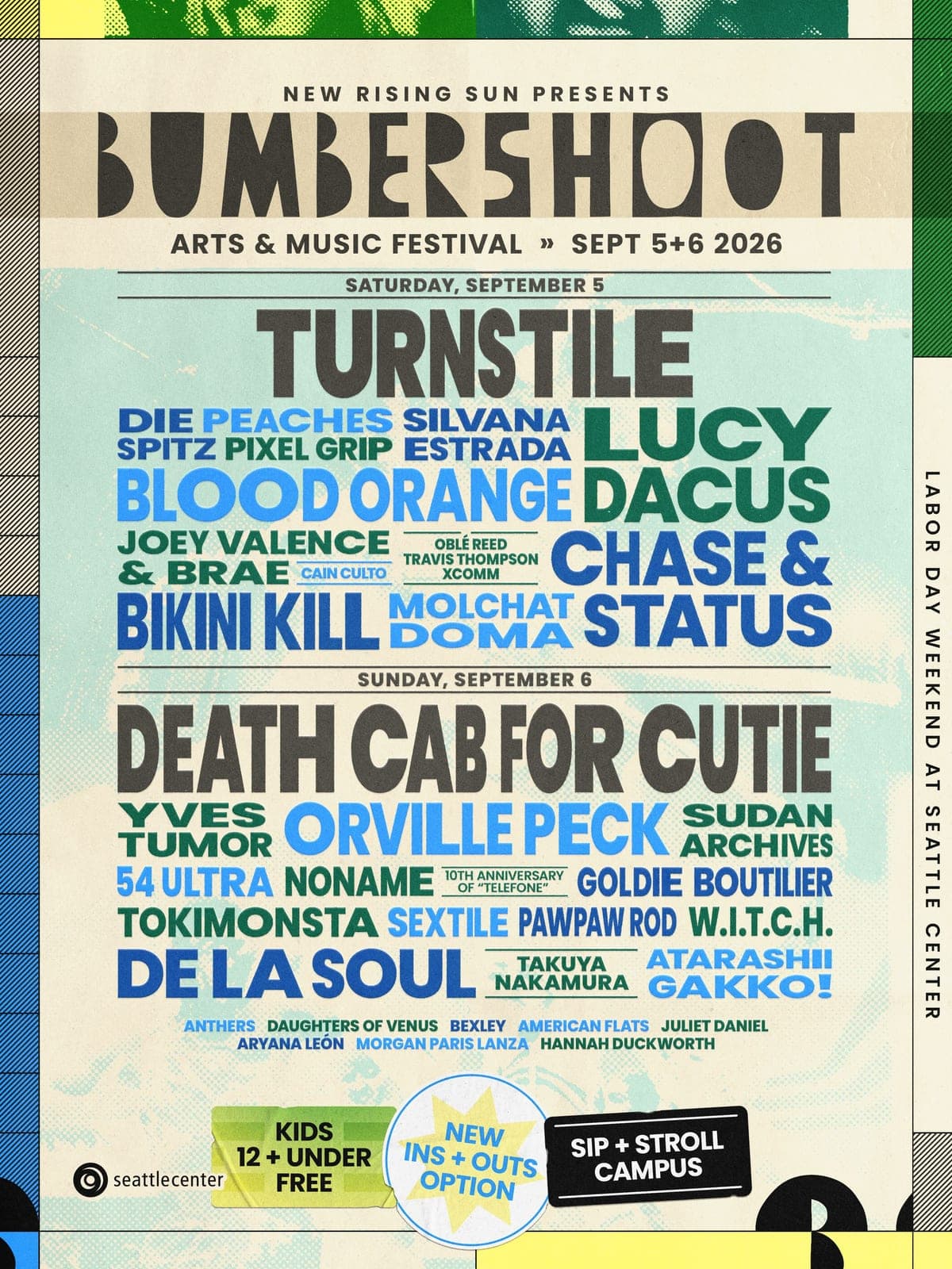 Bumbershoot 2026 lineup poster — September 5–6, 2026, Seattle Center, Seattle, WA