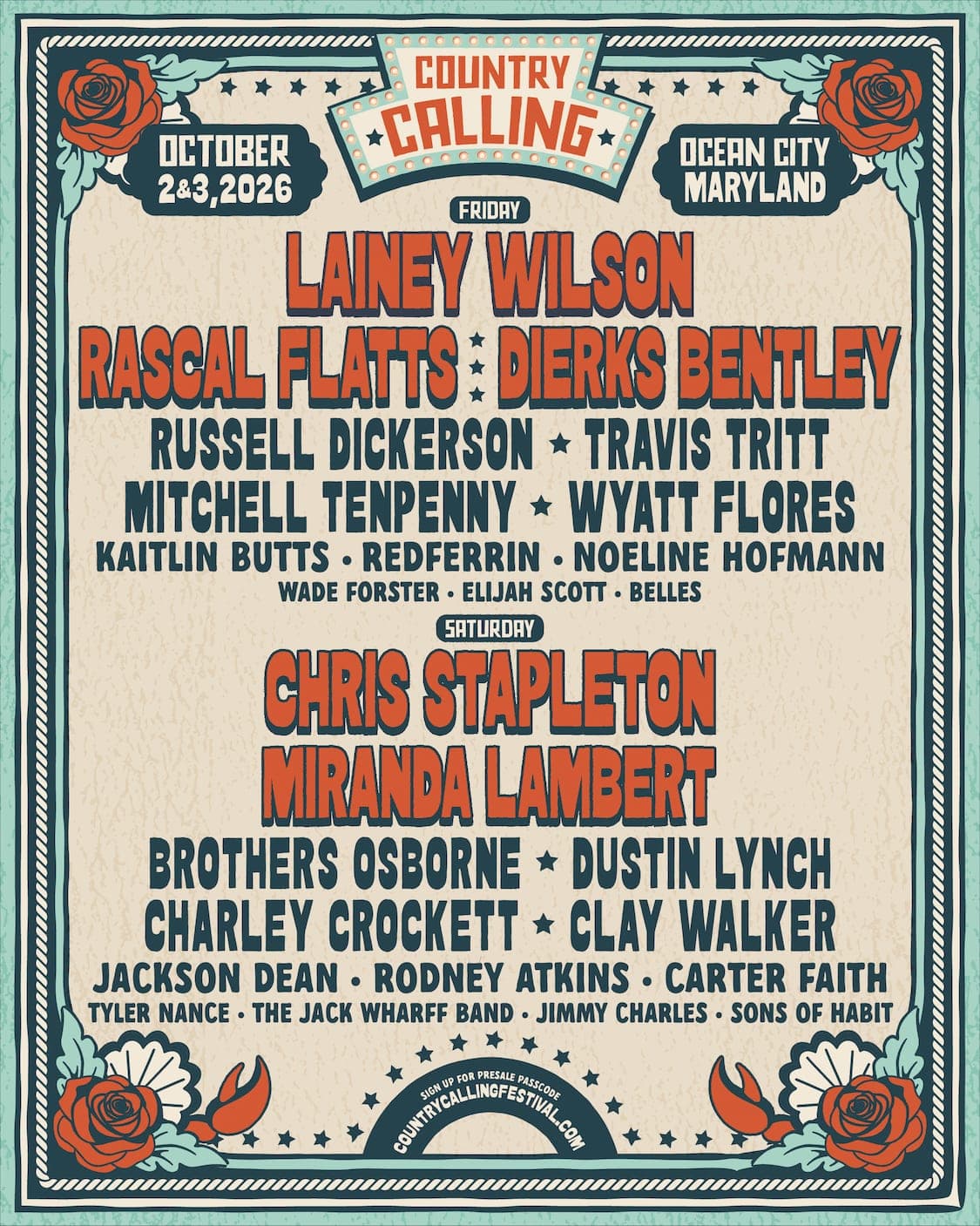 Country Calling 2026 lineup poster — October 2–3, 2026, Ocean City, MD