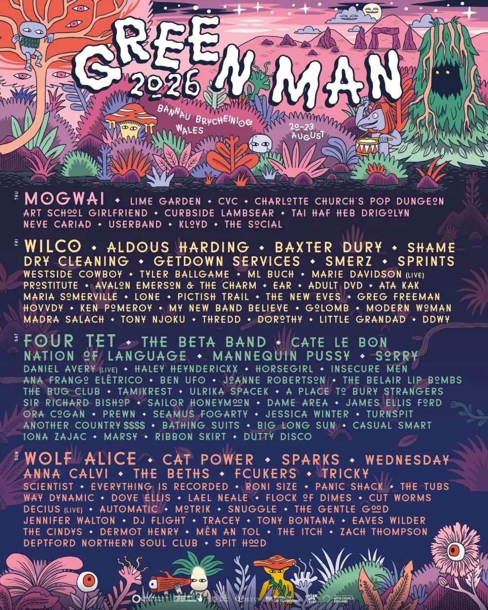 Green Man 2026 lineup poster — August 20–23, 2026, Brecon Beacons, Wales, UK