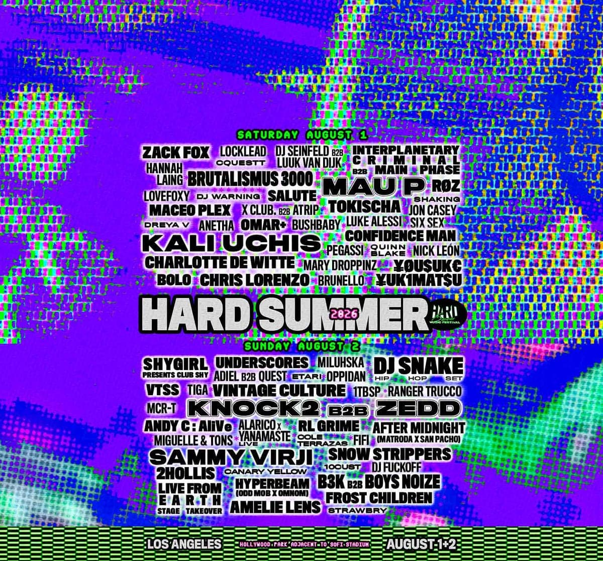 HARD Summer 2026 lineup poster — August 1–2, 2026, Hollywood Park, Inglewood, CA