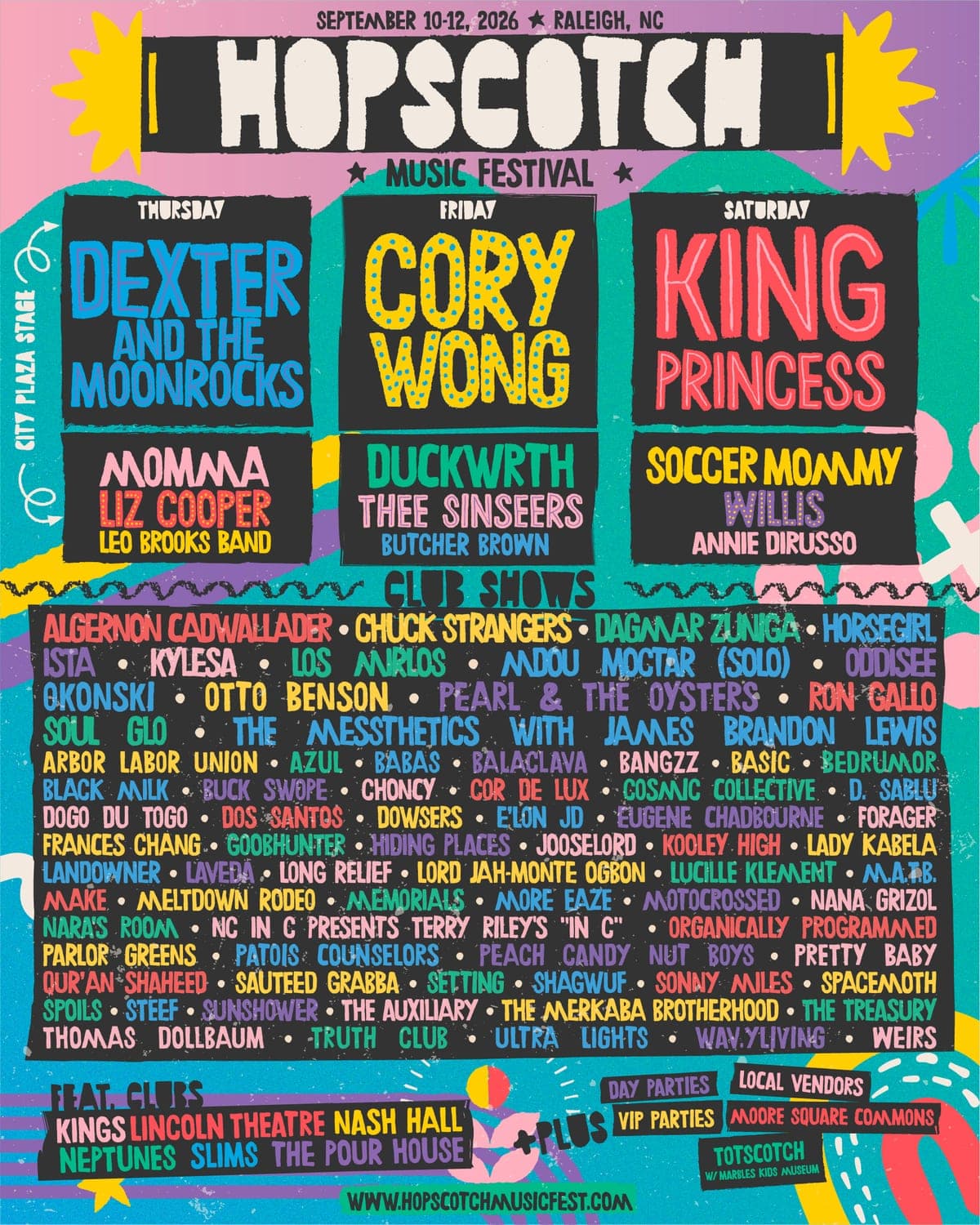 Hopscotch 2026 lineup poster — September 10–12, 2026, Downtown Raleigh, NC