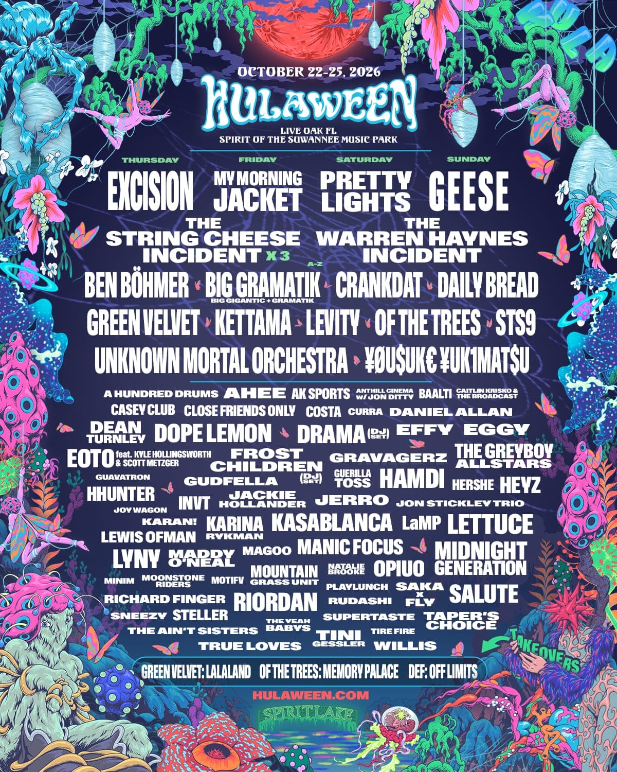 Hulaween 2026 lineup poster — October 22–25, 2026, Spirit of the Suwannee Music Park, Live Oak, FL