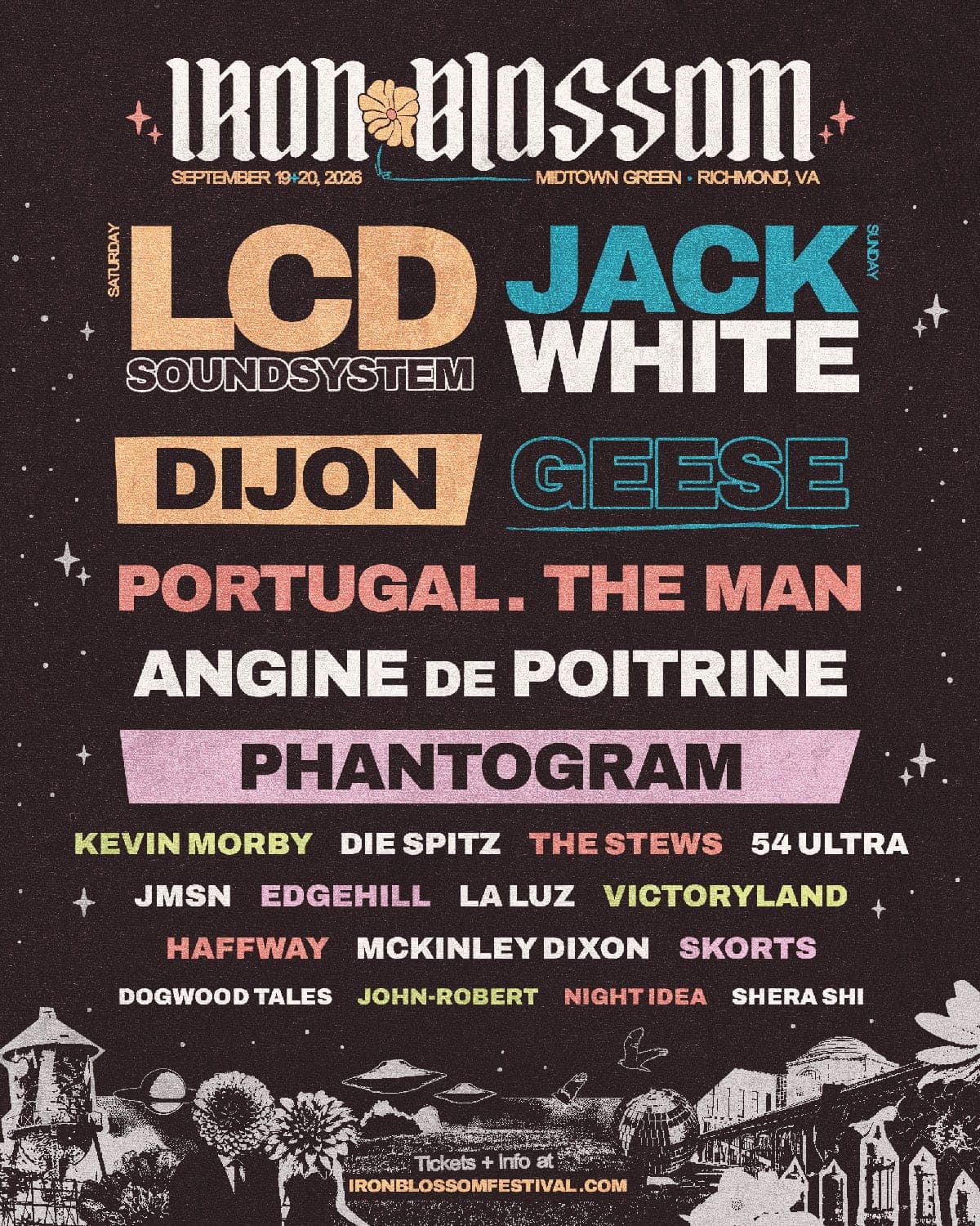 Iron Blossom 2026 lineup poster — September 19–20, 2026, Midtown Green, Richmond, VA
