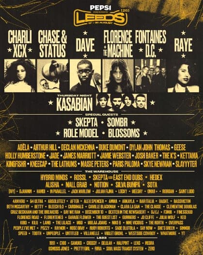 Leeds 2026 lineup poster — August 27–30, 2026, Bramham Park, Leeds, UK
