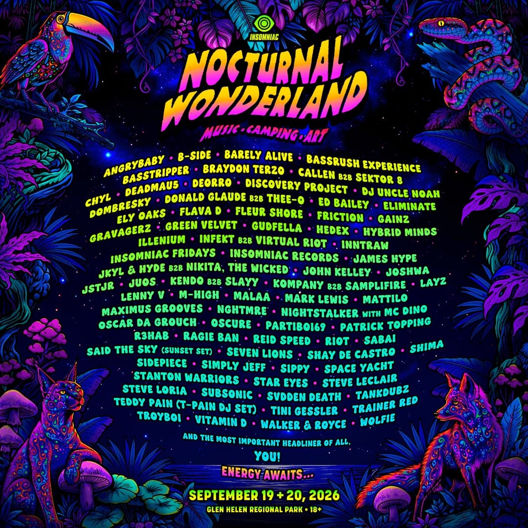Nocturnal Wonderland 2026 lineup poster — September 19–20, 2026, Glen Helen Regional Park, San Bernardino, CA