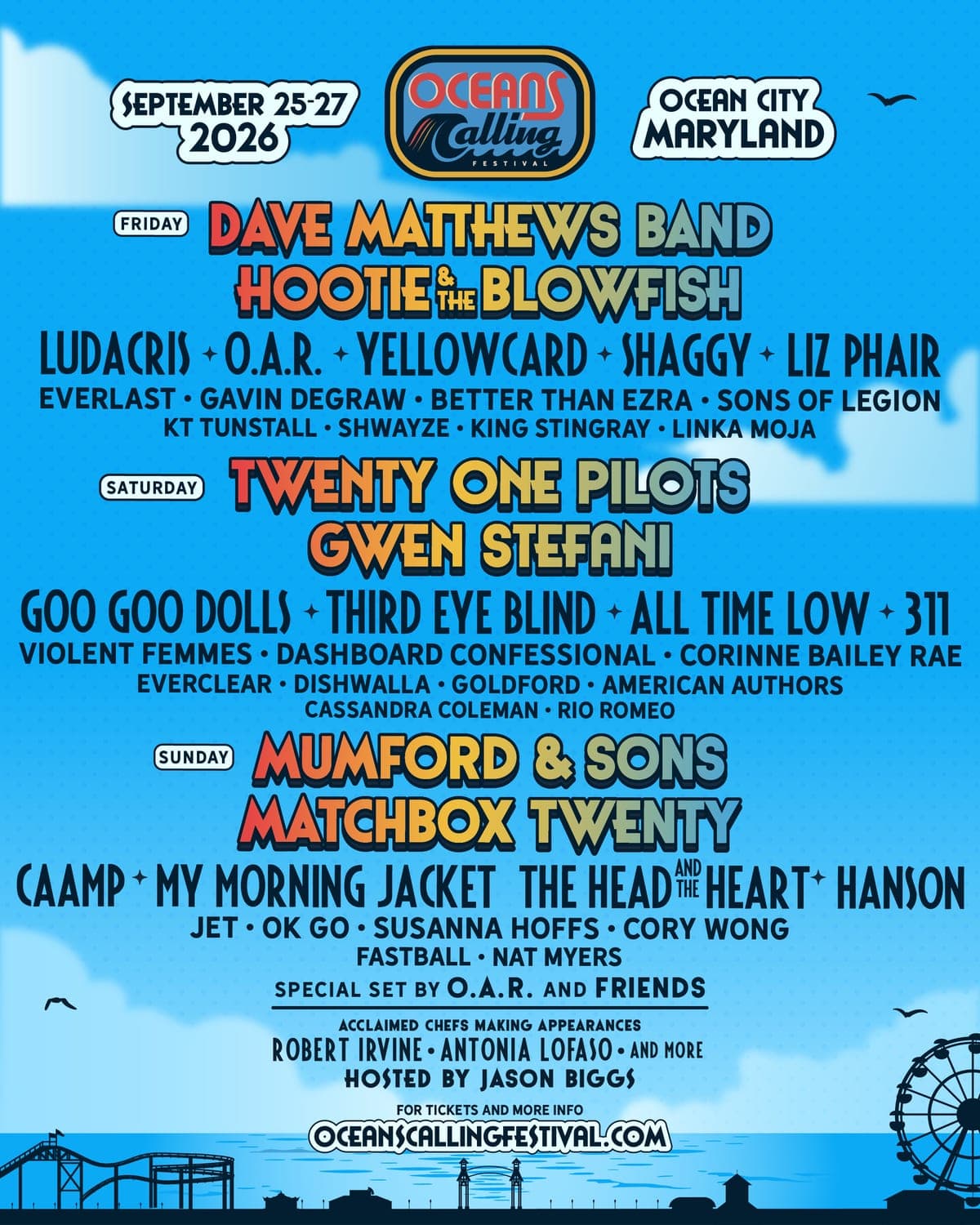 Oceans Calling 2026 lineup poster — September 25–27, 2026, Ocean City Boardwalk, MD