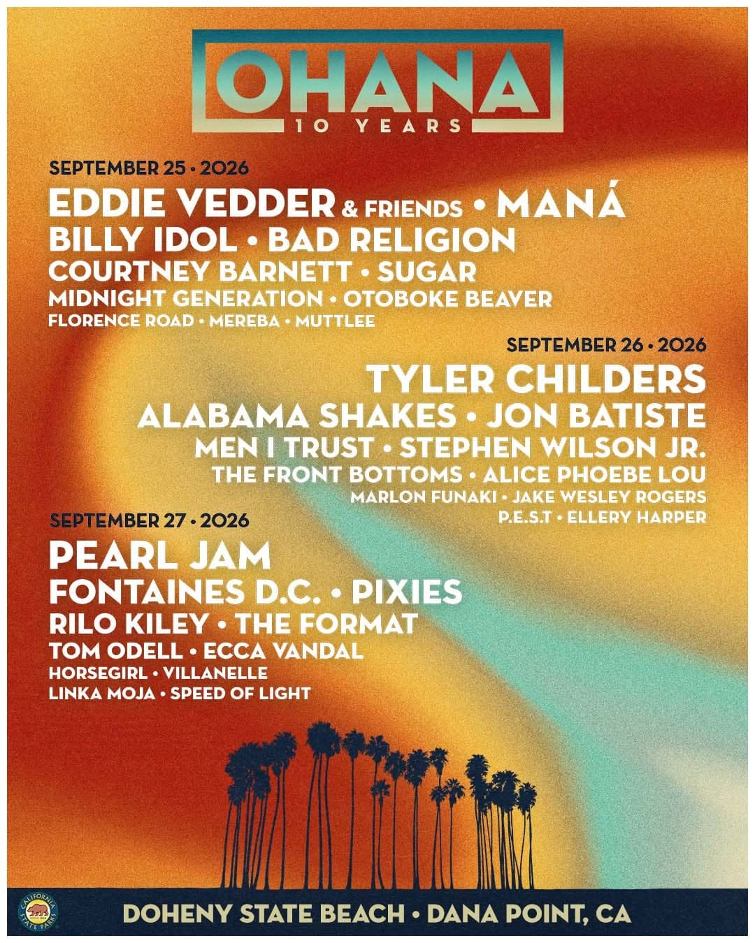Ohana 2026 lineup poster — September 25–27, 2026, Doheny State Beach, Dana Point, CA