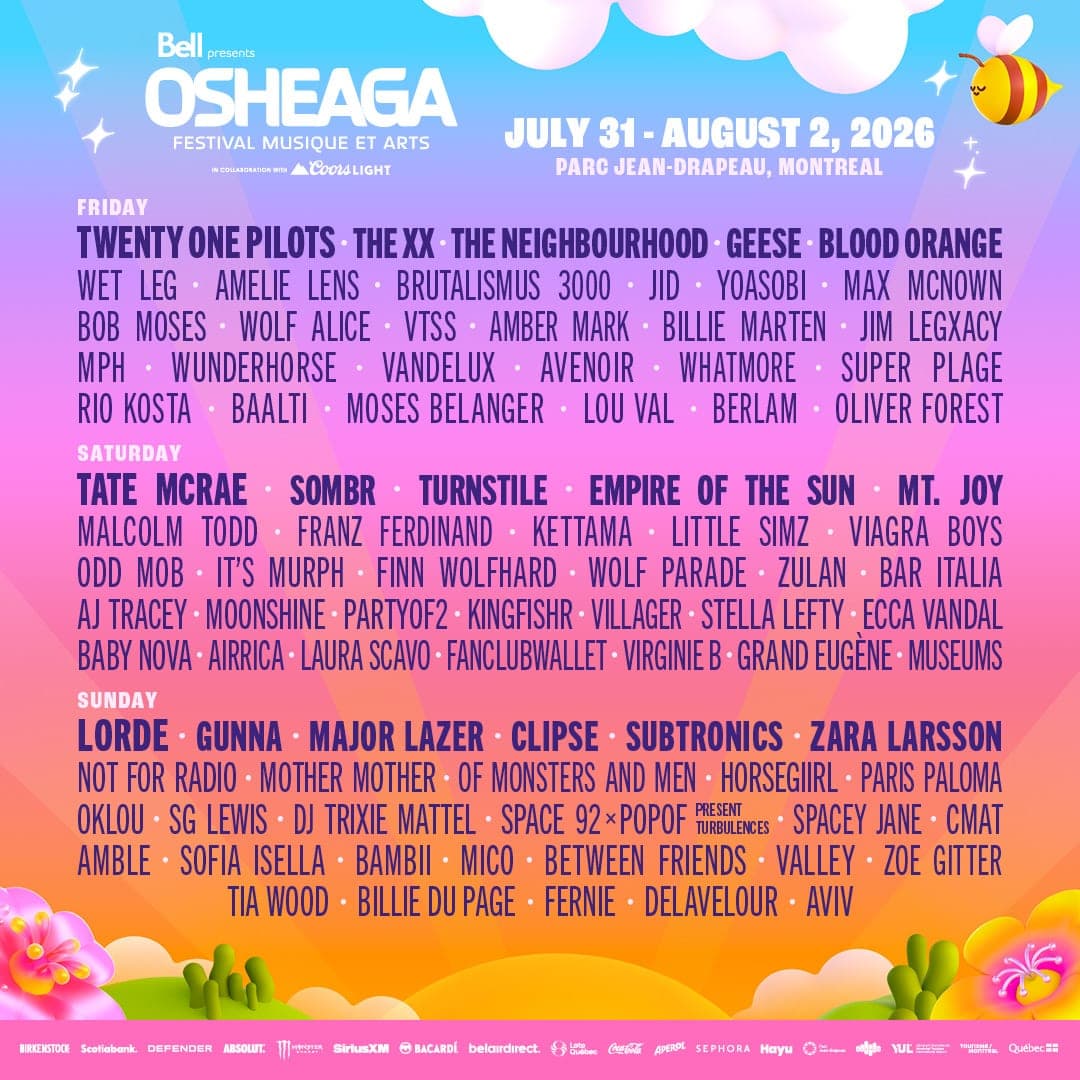 Osheaga 2026 lineup poster — July 31 – August 2, 2026, Parc Jean-Drapeau, Montreal, QC