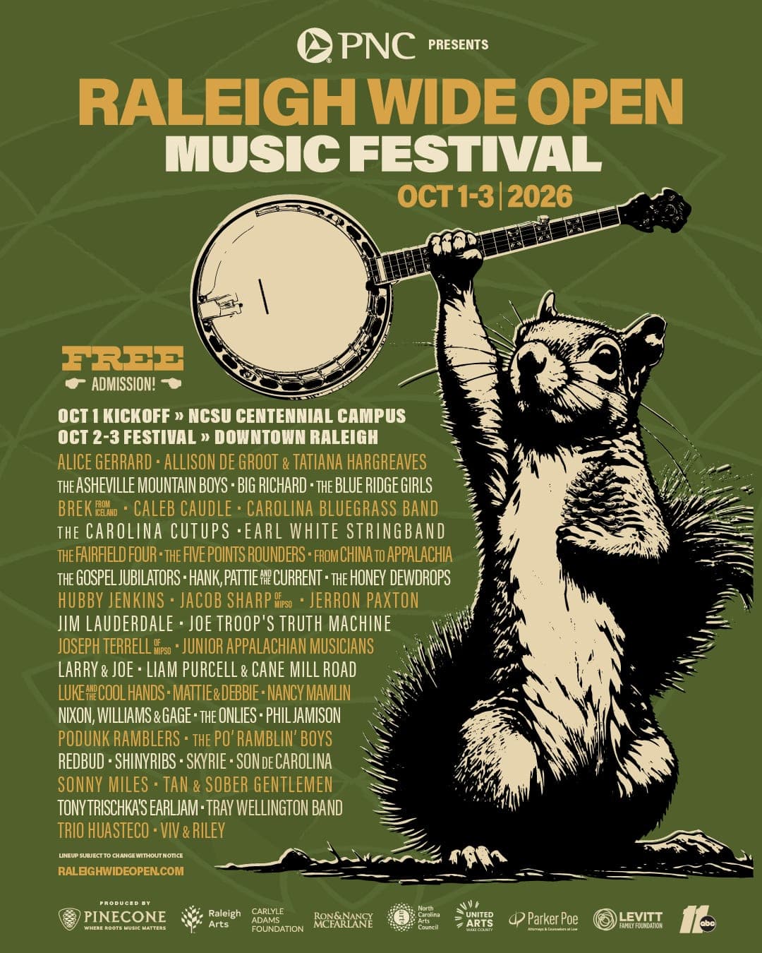 Raleigh Wide Open 2026 lineup poster — October 1–3, 2026, Downtown Raleigh, NC