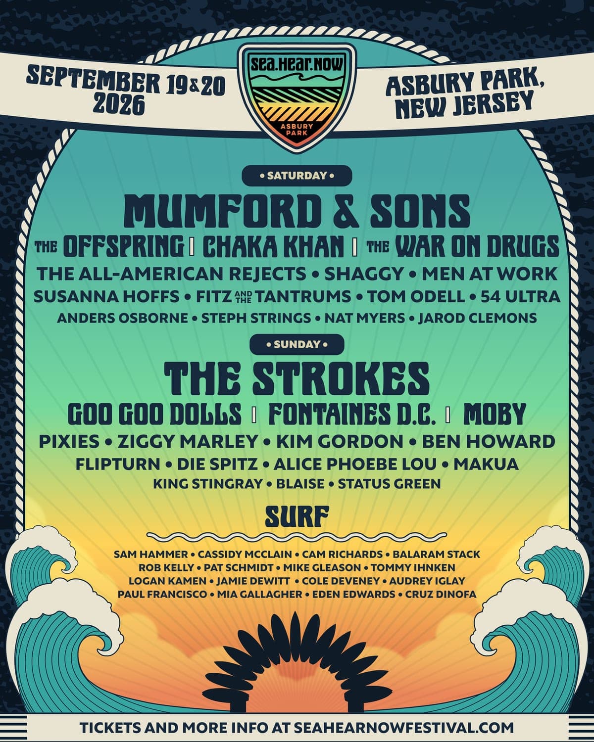 Sea.Hear.Now 2026 lineup poster — September 19–20, 2026, North Beach, Asbury Park, NJ