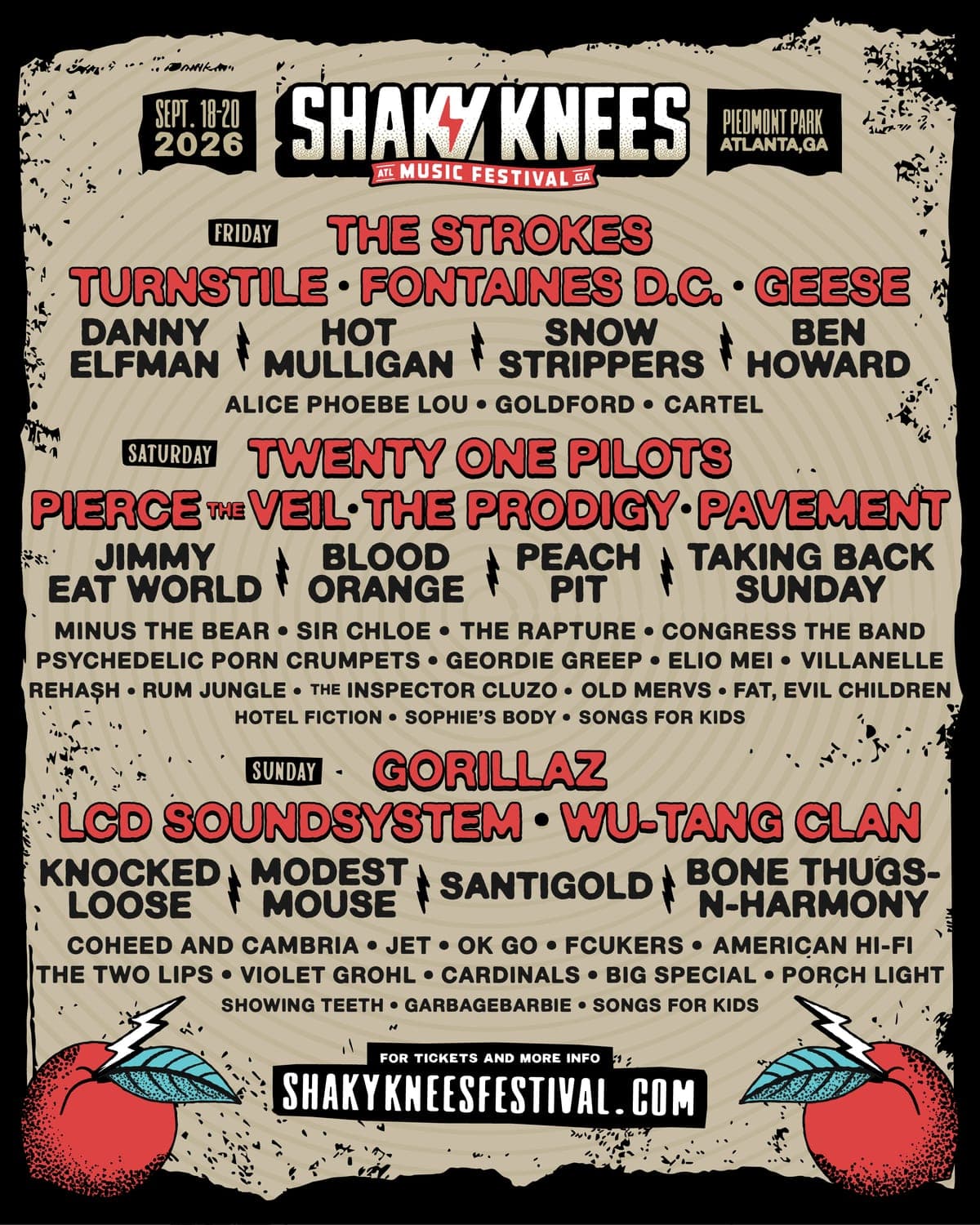 Shaky Knees 2026 lineup poster — September 18–20, 2026, Piedmont Park, Atlanta, GA