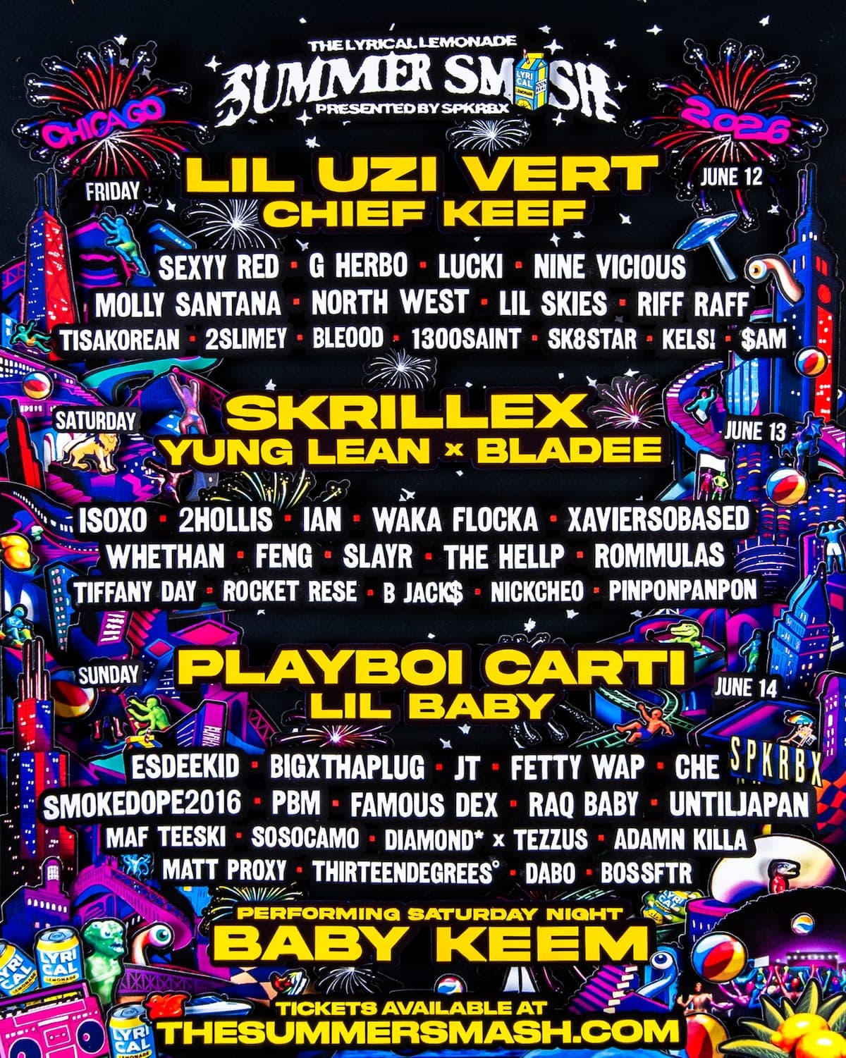Summer Smash 2026 lineup poster — June 12–14, 2026, SeatGeek Stadium, Bridgeview, IL