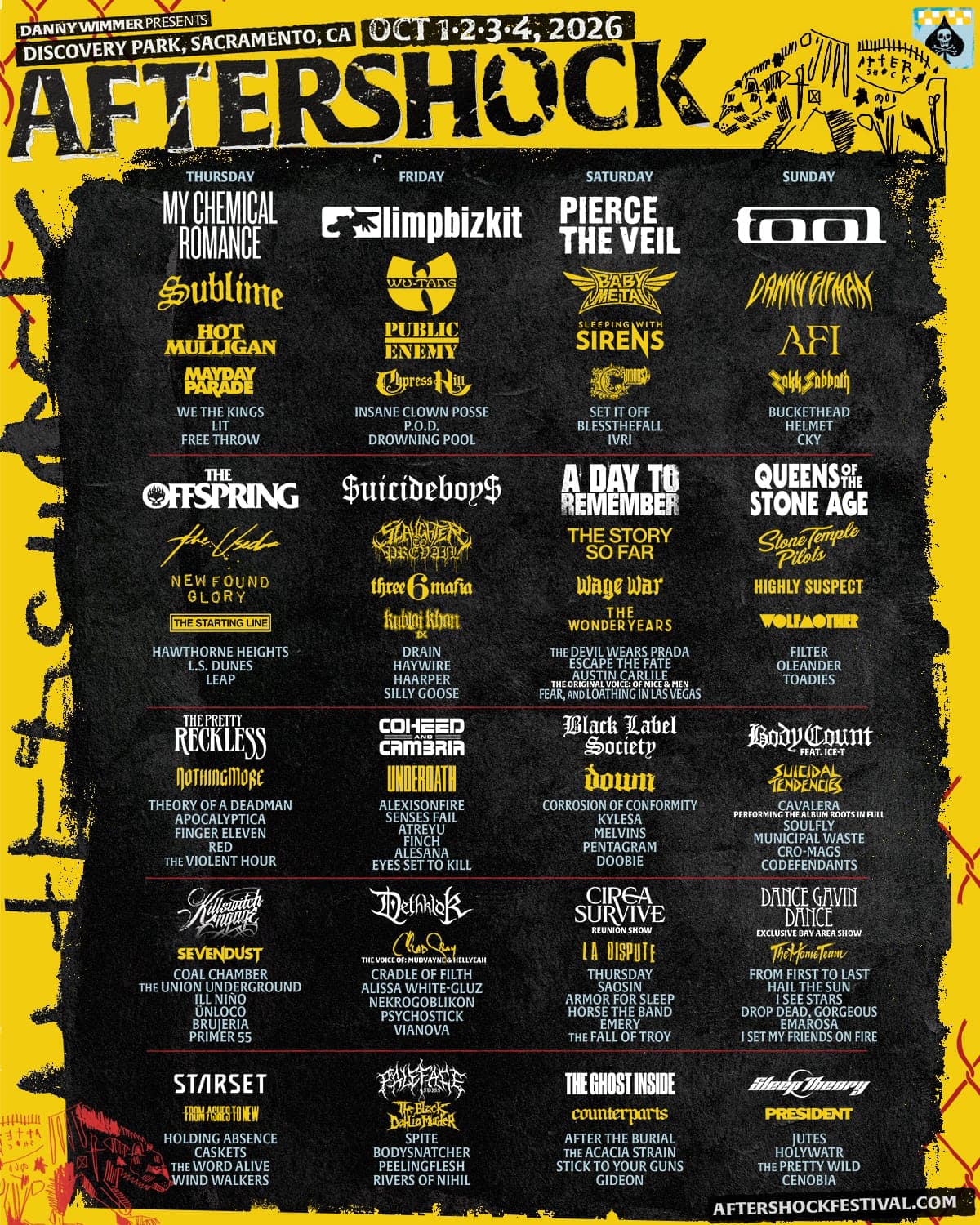 Aftershock 2026 lineup poster — October 1–4, 2026, Discovery Park, Sacramento, CA