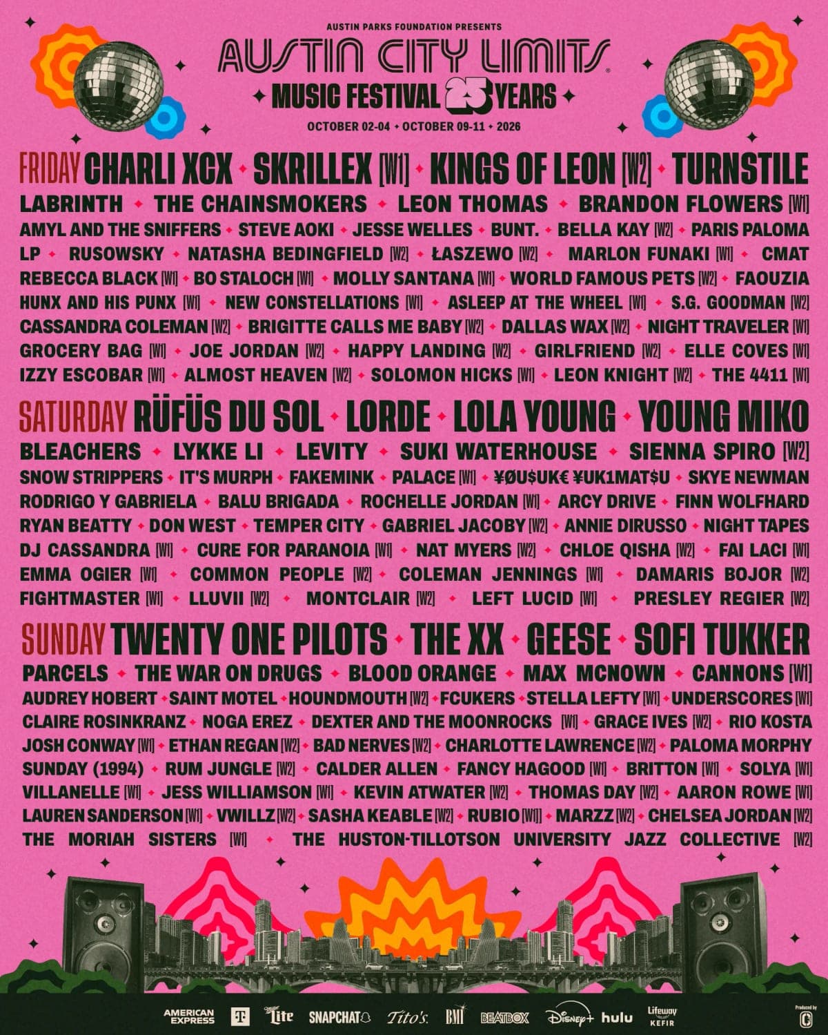 Austin City Limits 2026 lineup poster — October 2–11, 2026, Zilker Park, Austin, TX