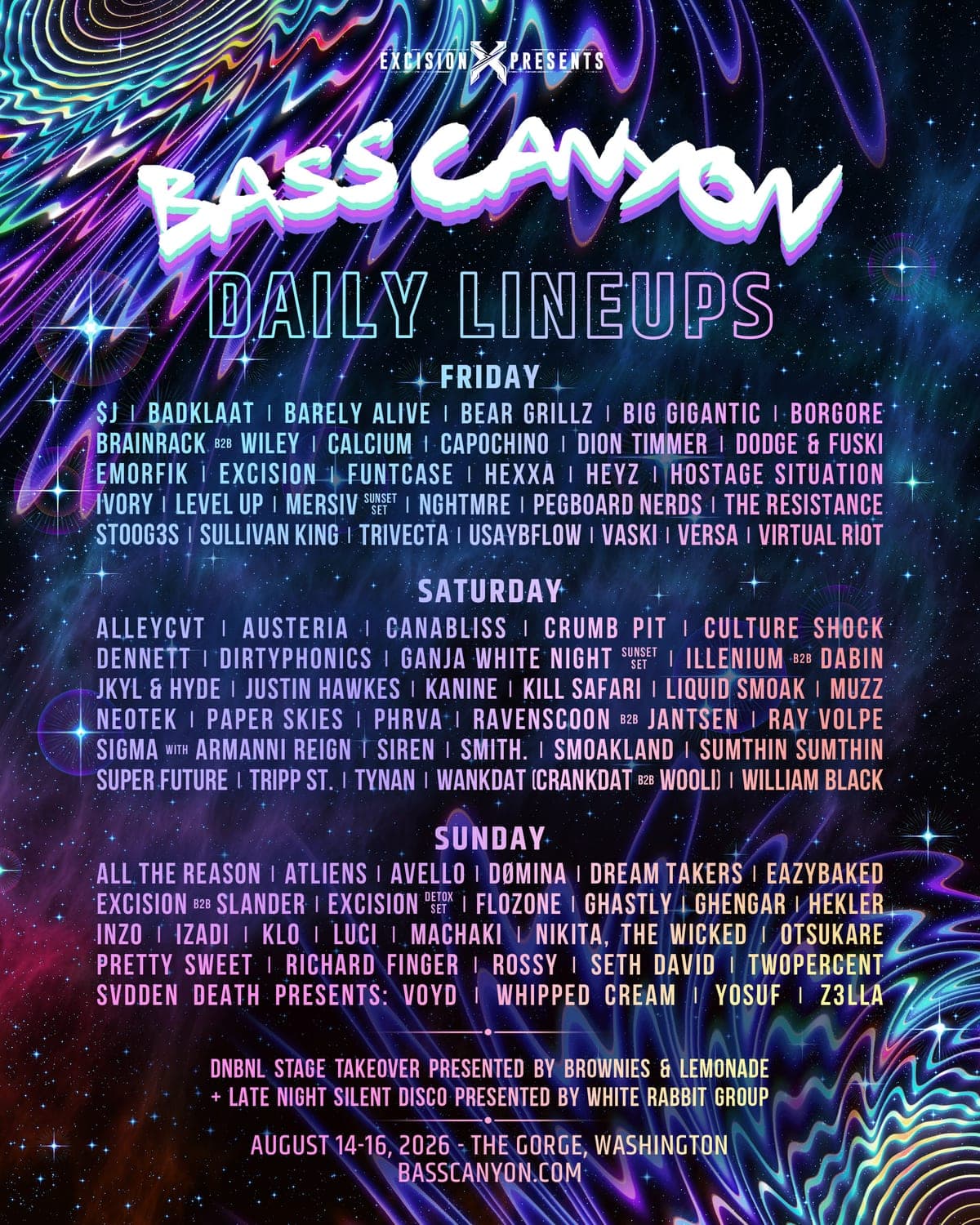 Bass Canyon 2026 lineup poster — August 14–16, 2026, The Gorge Amphitheatre, George, WA