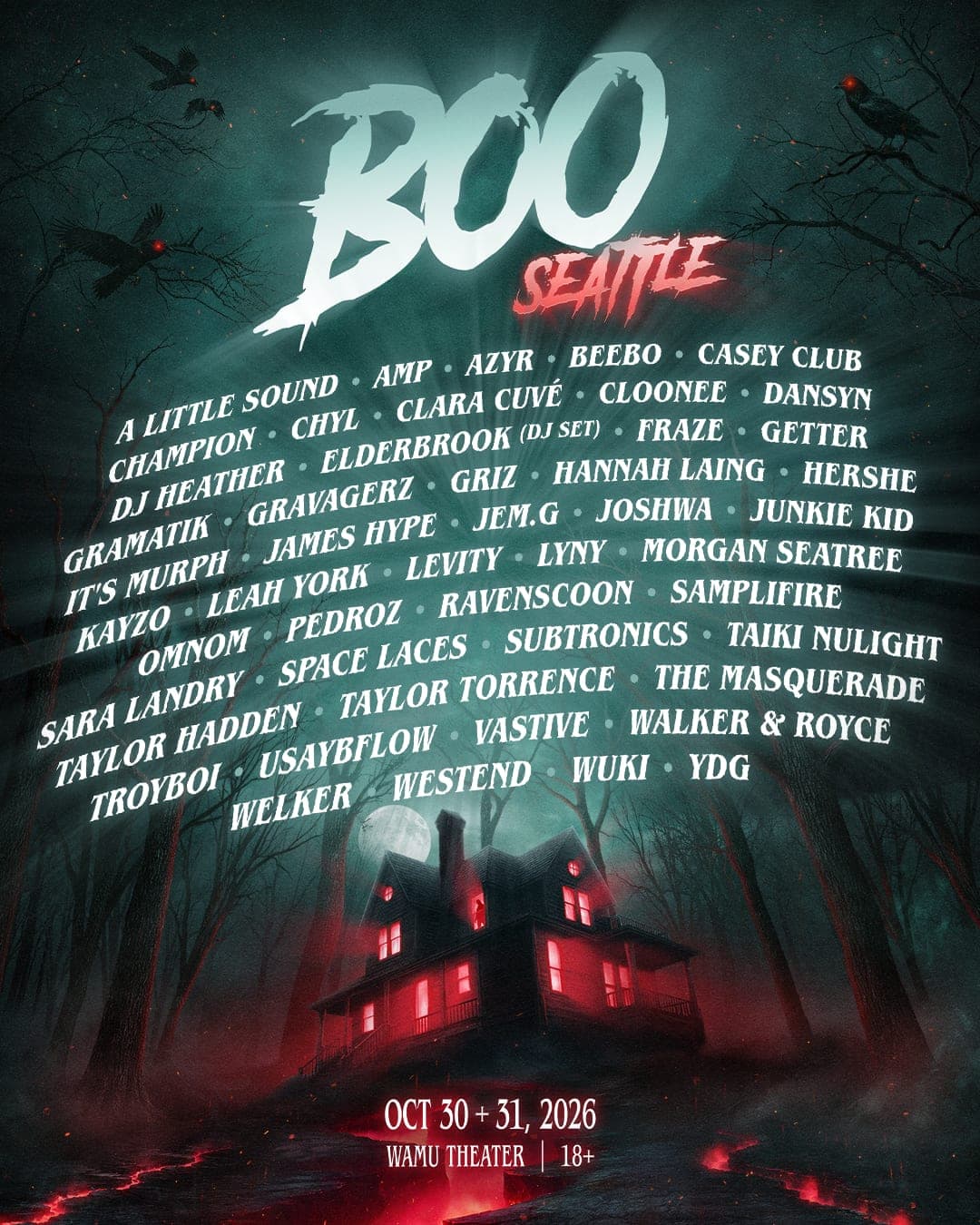 BOO Seattle 2026 lineup poster — October 30–31, 2026, WAMU Theater, Seattle, WA