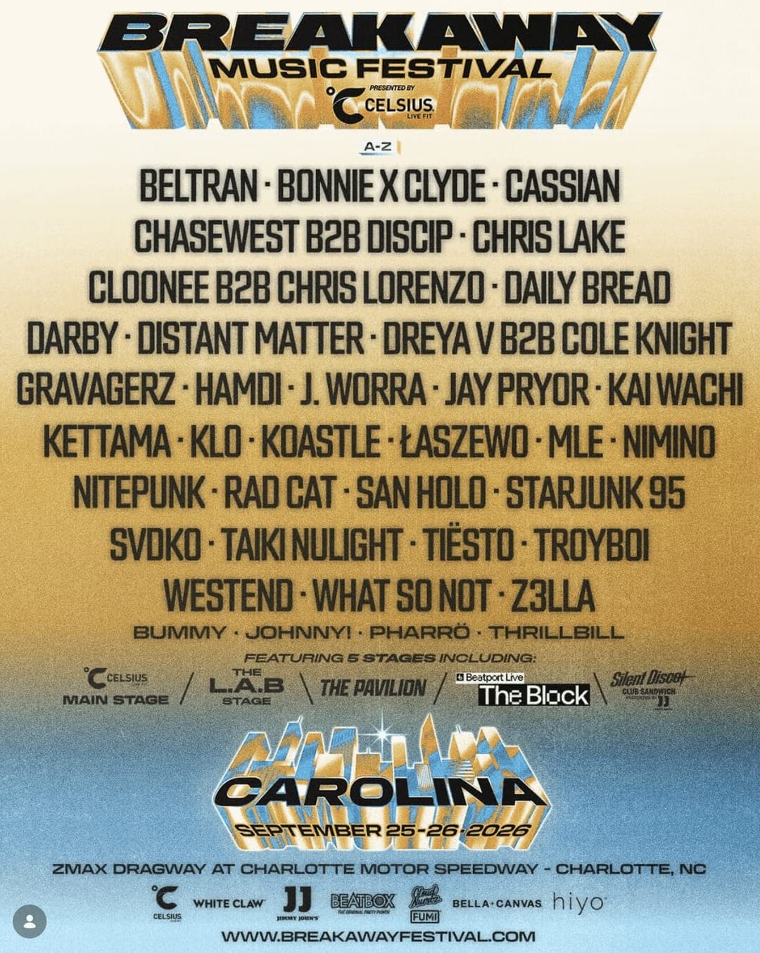 Breakaway Carolina 2026 lineup poster — September 25–26, 2026, zMAX Dragway at Charlotte Motor Speedway, Concord, NC