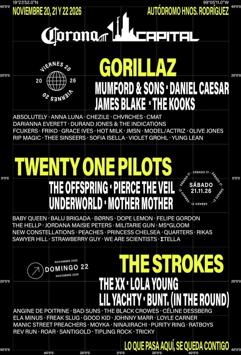 Corona Capital 2026 lineup poster — November 20–22, 2026, Autódromo Hermanos Rodríguez, Mexico City, Mexico