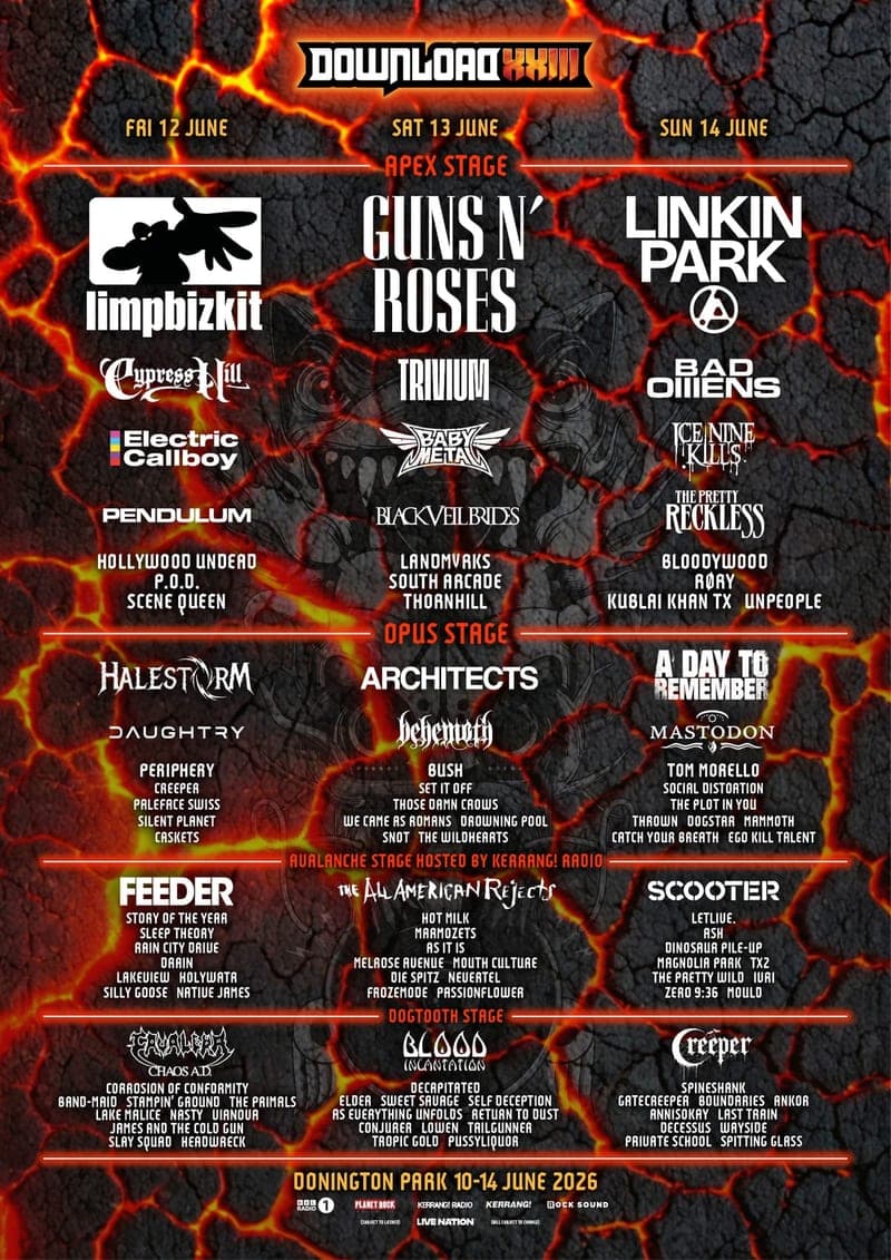 Download 2026 lineup poster — June 11–14, 2026, Donington Park, Leicestershire, UK
