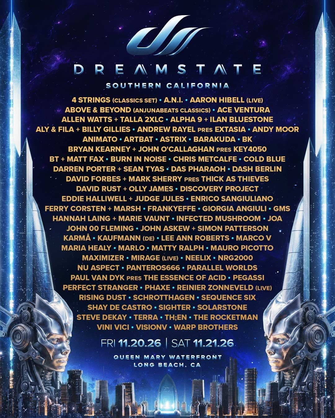 Dreamstate SoCal 2026 lineup poster — November 20–21, 2026, Queen Mary Waterfront, Long Beach, CA