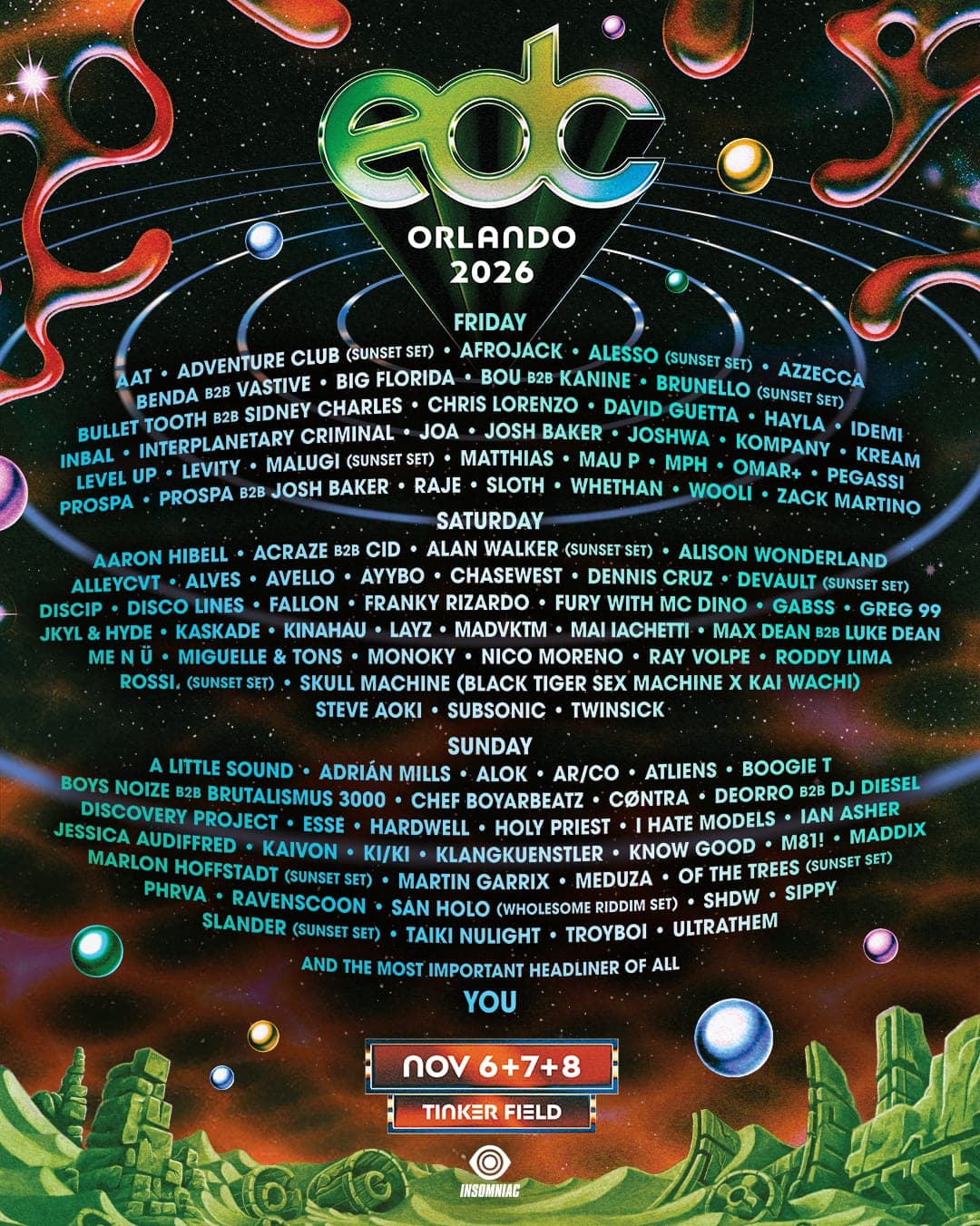 EDC Orlando 2026 lineup poster — November 6–8, 2026, Tinker Field, Orlando, FL