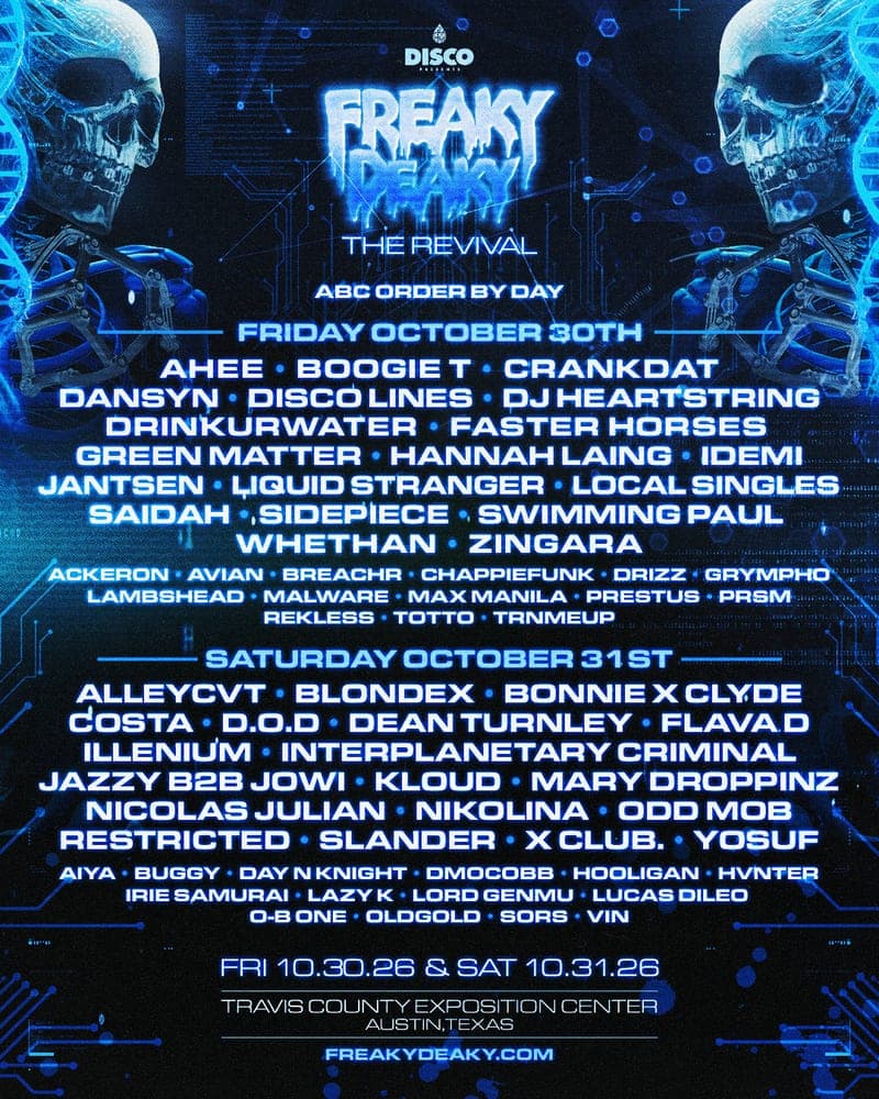 Freaky Deaky 2026 lineup poster — October 30–31, 2026, Travis County Exposition Center, Austin, TX