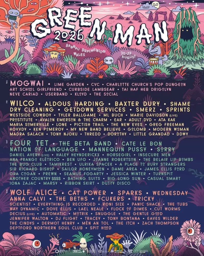 Green Man 2026 lineup poster — August 20–23, 2026, Brecon Beacons, Wales, UK