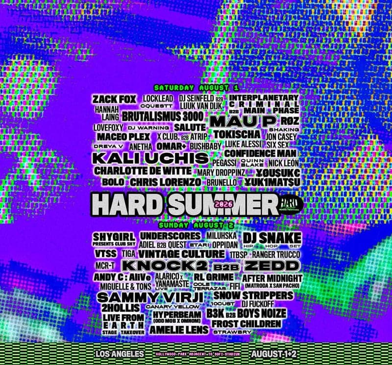 HARD Summer 2026 lineup poster — August 1–2, 2026, Hollywood Park, Inglewood, CA