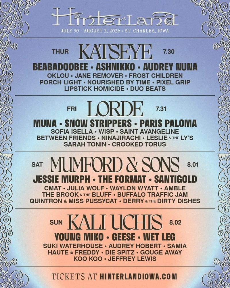 Hinterland 2026 lineup poster — July 30 – August 2, 2026, Avenue of the Saints Amphitheater, St. Charles, IA