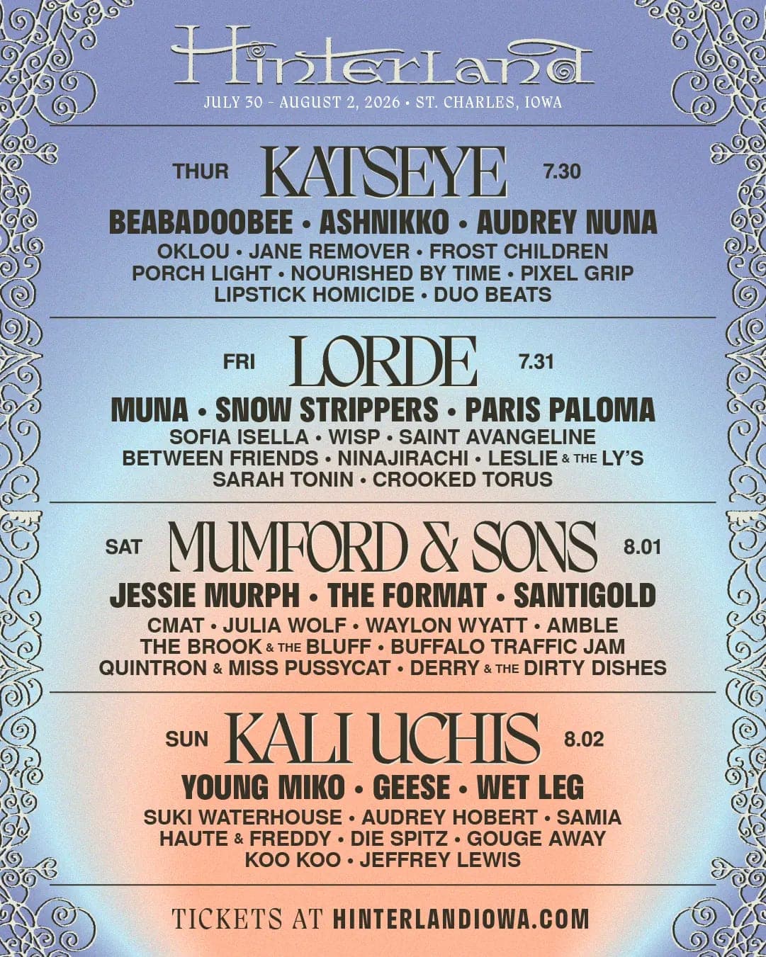 Hinterland 2026 lineup poster — July 30 – August 2, 2026, Avenue of the Saints Amphitheater, St. Charles, IA