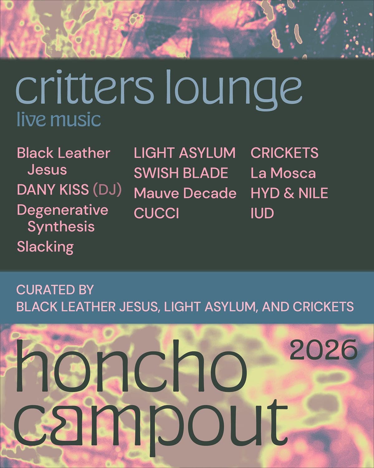Honcho Campout 2026 lineup poster — August 12–17, 2026, Four Quarters Interfaith Sanctuary, Artemas, PA