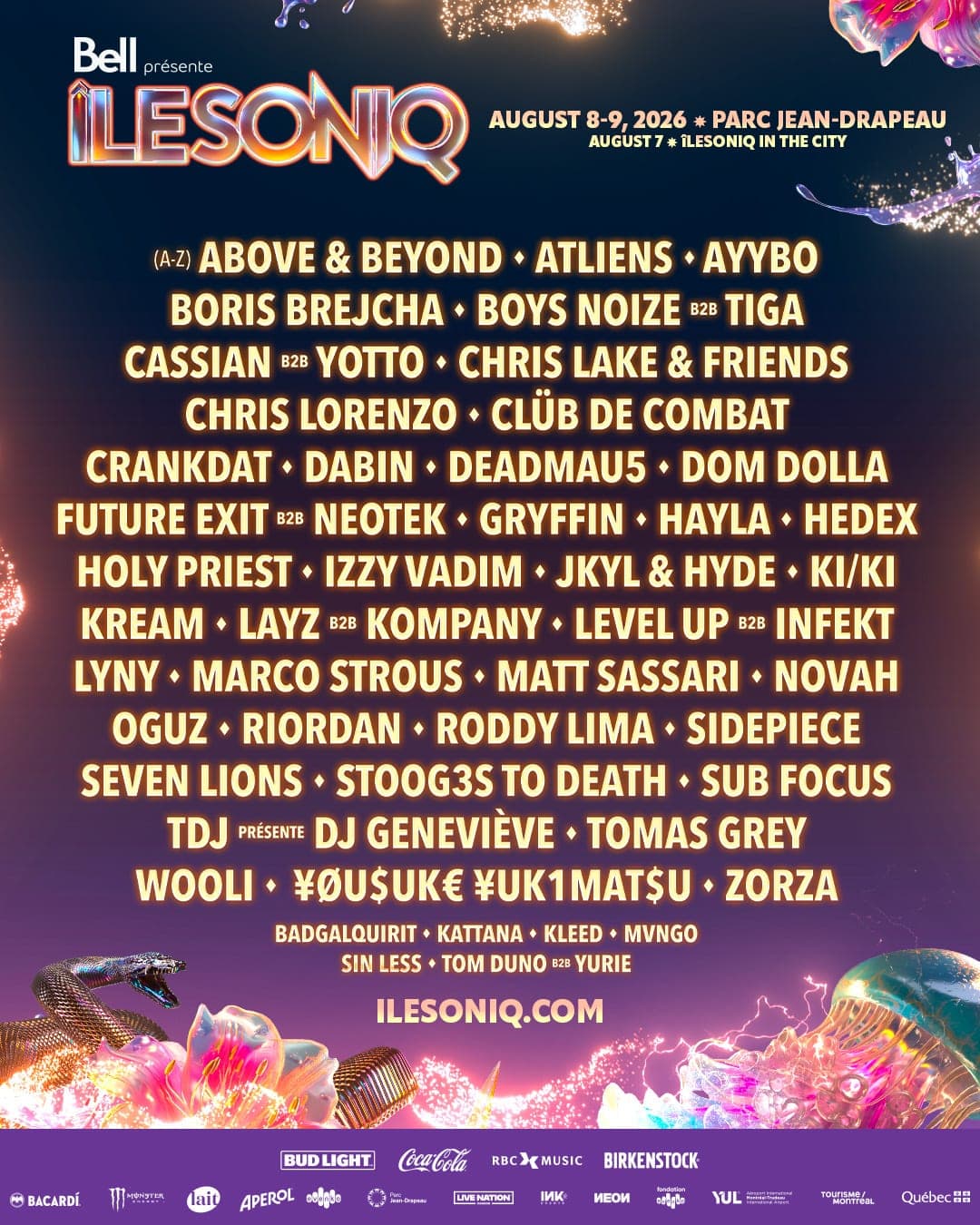 îLESONIQ 2026 lineup poster — August 8–9, 2026, Parc Jean-Drapeau, Montreal, QC