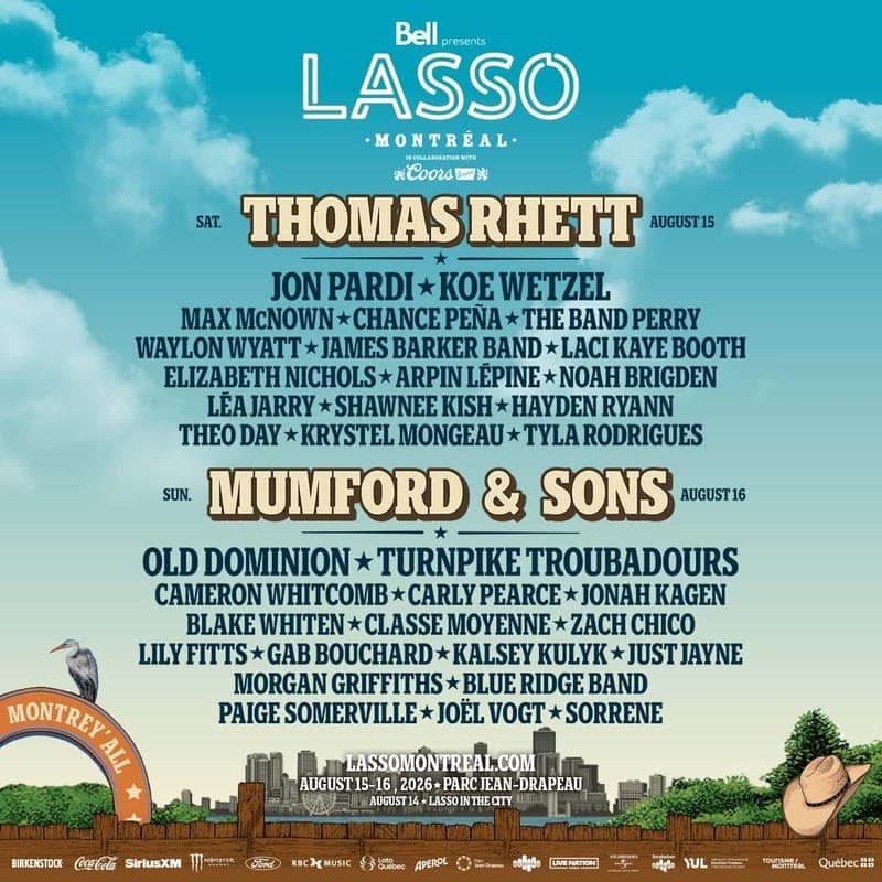 LASSO Montréal 2026 lineup poster — August 15–16, 2026, Parc Jean-Drapeau, Montreal, QC