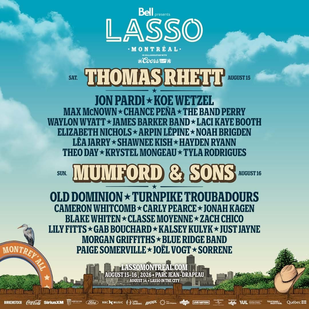 LASSO Montréal 2026 lineup poster — August 15–16, 2026, Parc Jean-Drapeau, Montreal, QC