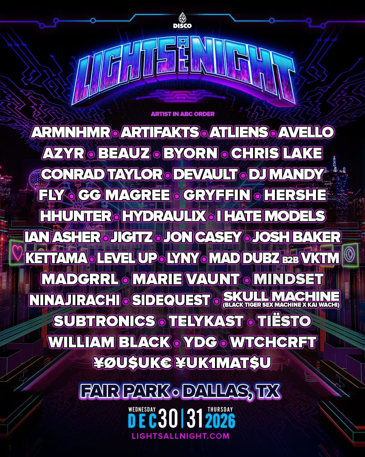 Lights All Night 2026 lineup poster — December 30–31, 2026, Fair Park, Dallas, TX