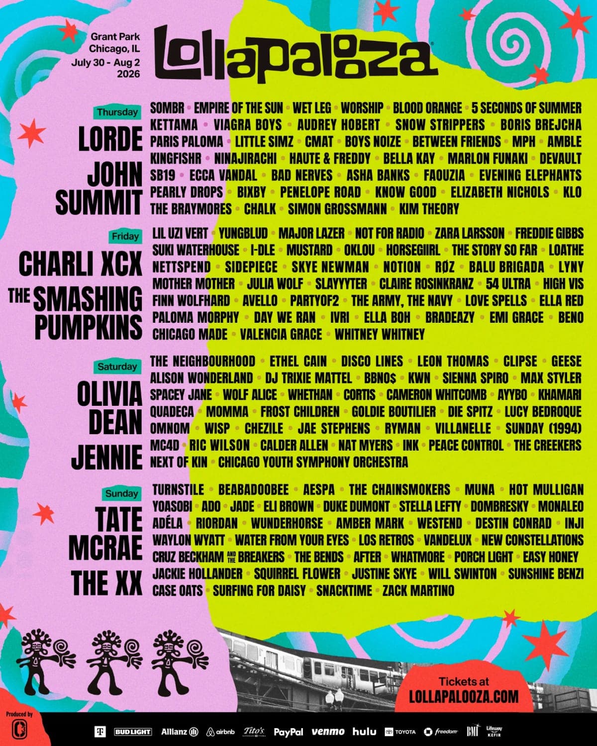 Lollapalooza 2026 lineup poster — July 30 – August 2, 2026, Grant Park, Chicago, IL