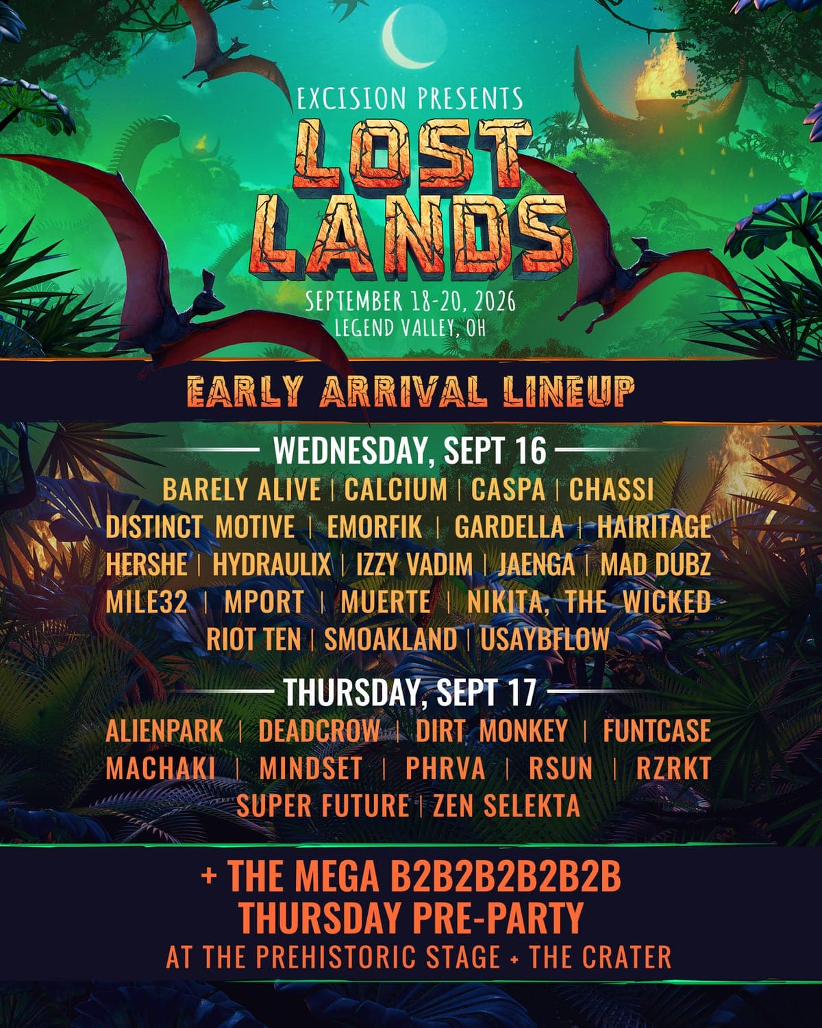 Lost Lands 2026 lineup poster — September 18–20, 2026, Legend Valley, Thornville, OH