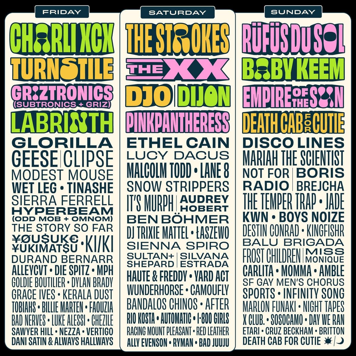 Outside Lands 2026 lineup poster — August 7–9, 2026, Golden Gate Park, San Francisco, CA