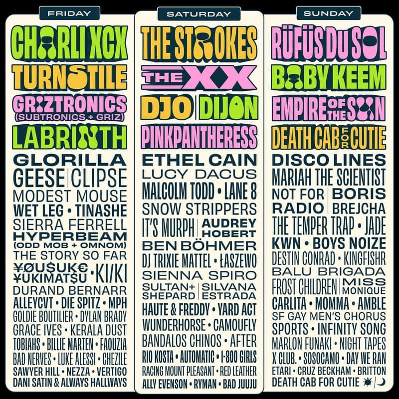 Outside Lands 2026 lineup poster — August 7–9, 2026, Golden Gate Park, San Francisco, CA