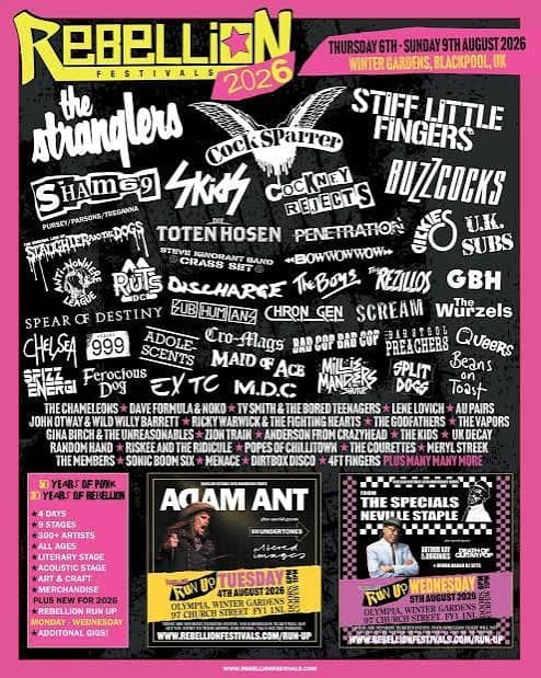 Rebellion 2026 lineup poster — August 6–9, 2026, Winter Gardens, Blackpool, UK