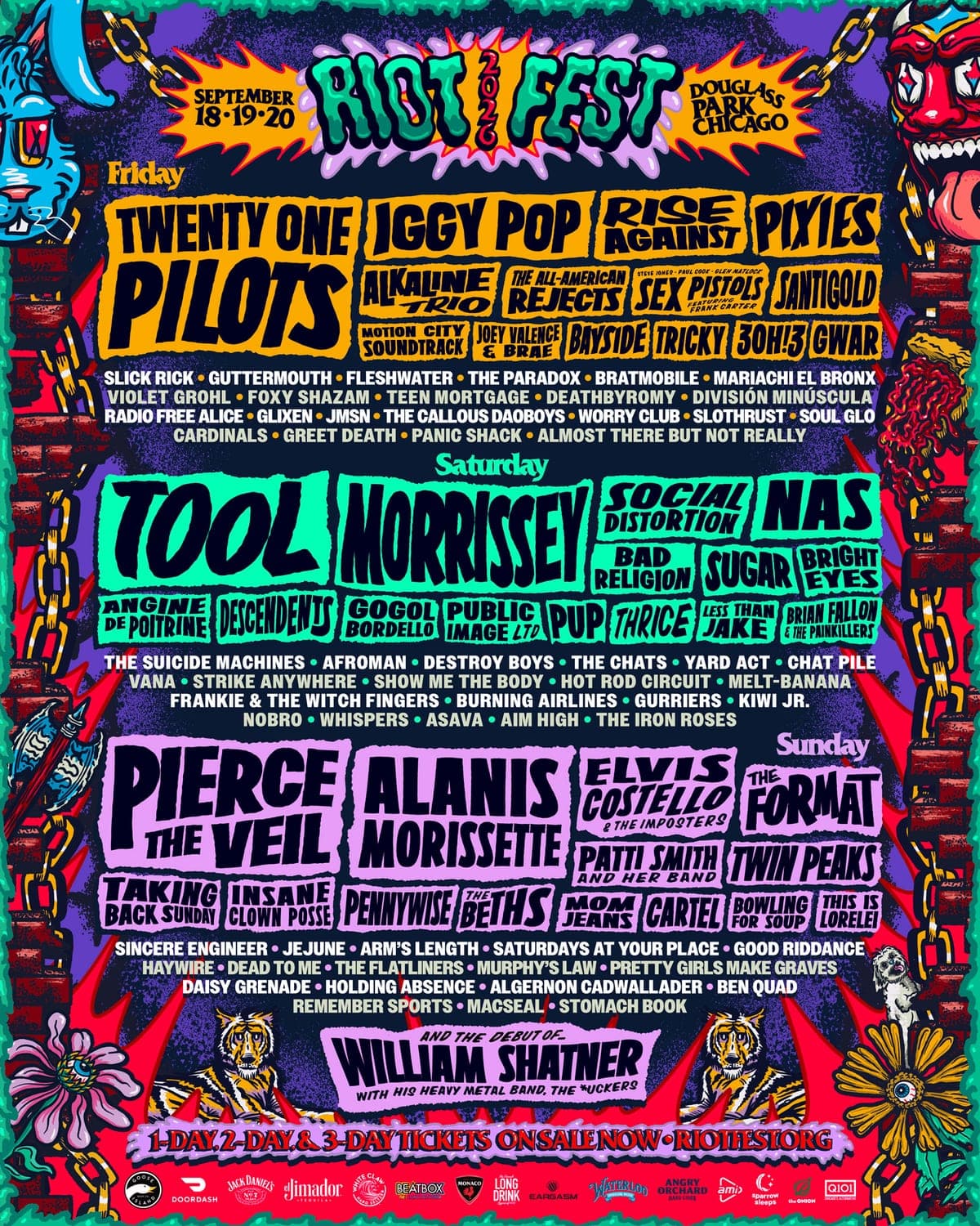 Riot Fest 2026 lineup poster — September 18–20, 2026, Douglass Park, Chicago, IL