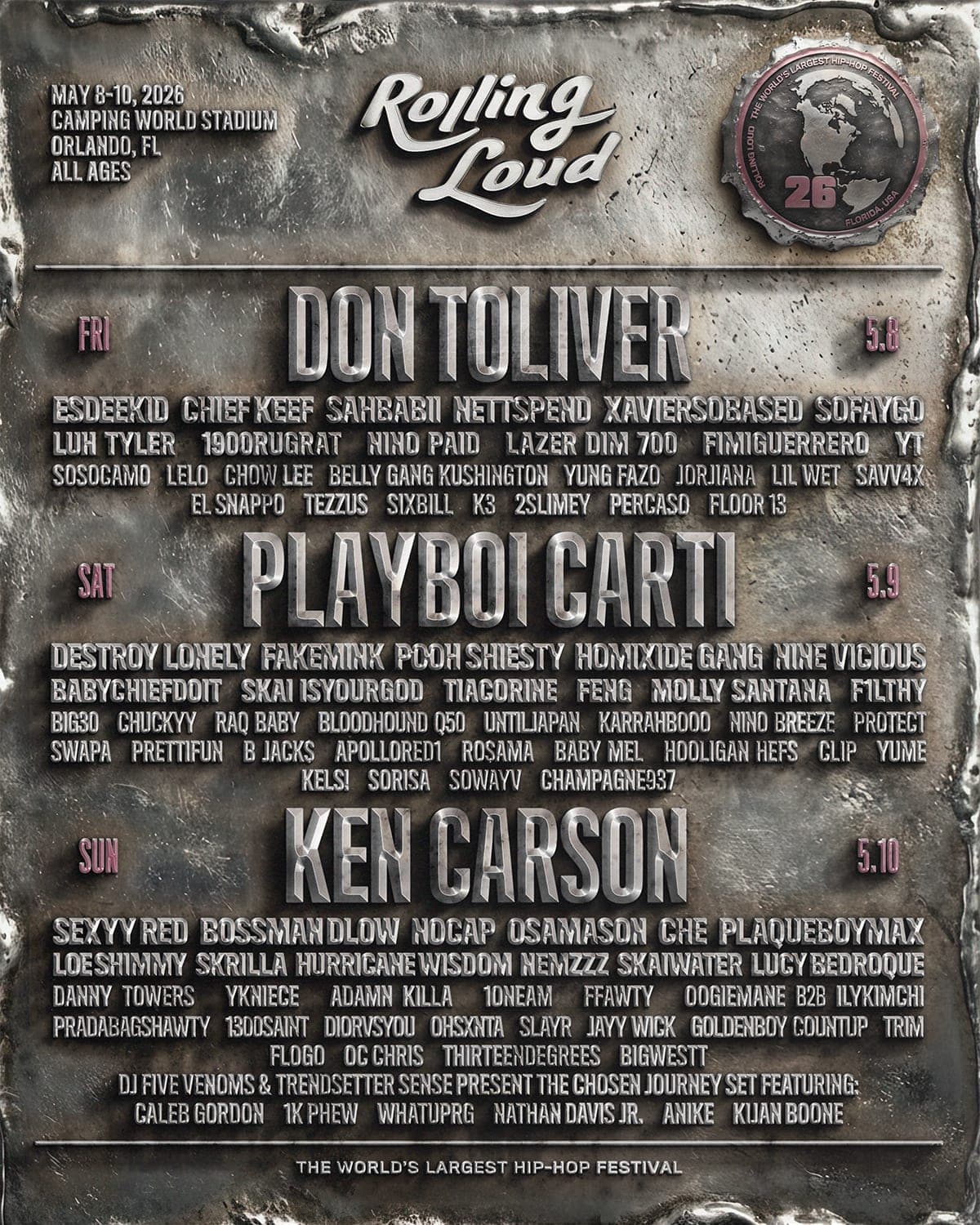 Rolling Loud Orlando 2026 lineup poster — May 8–10, 2026, Camping World Stadium, Orlando, FL