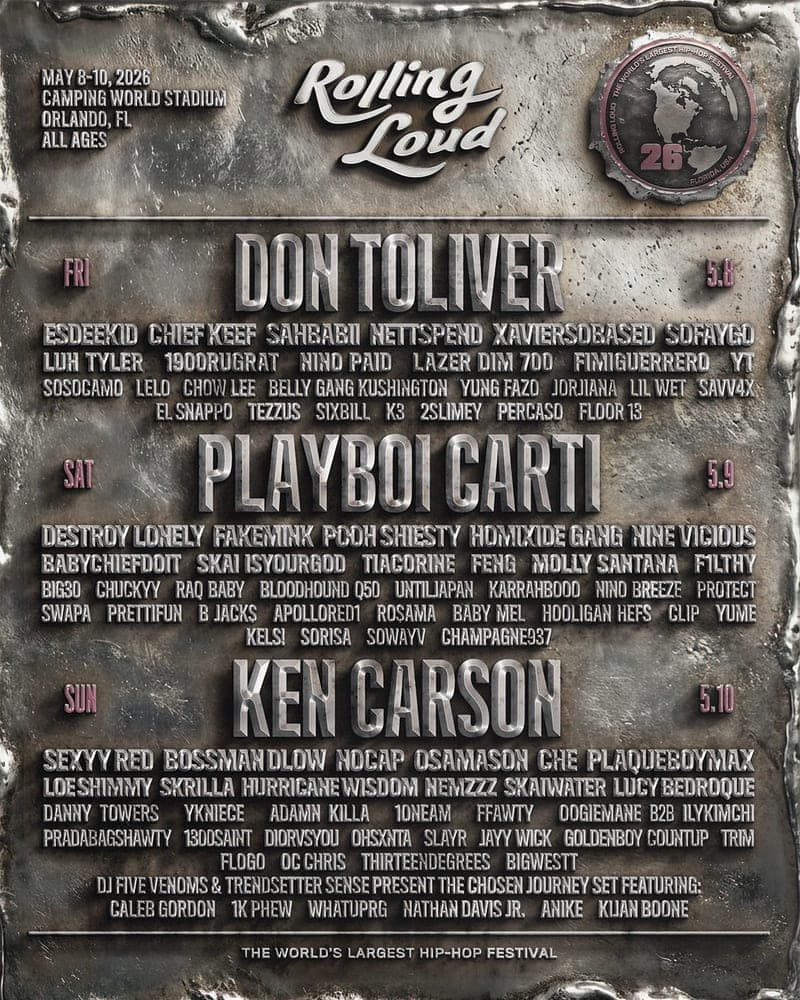 Rolling Loud Orlando 2026 lineup poster — May 8–10, 2026, Camping World Stadium, Orlando, FL