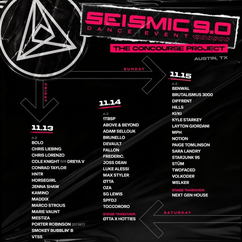 Seismic Dance Event 2026 lineup poster — November 13–15, 2026, Concourse Project, Austin, TX
