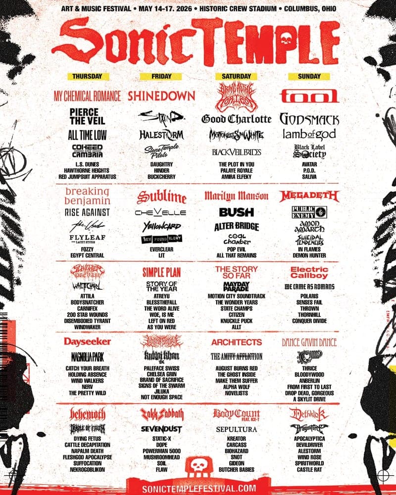 Sonic Temple 2026 lineup poster — May 14–17, 2026, Historic Crew Stadium, Columbus, OH