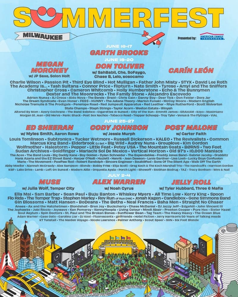 Summerfest 2026 lineup poster — June 16 – July 4, 2026, Henry Maier Festival Park, Milwaukee, WI