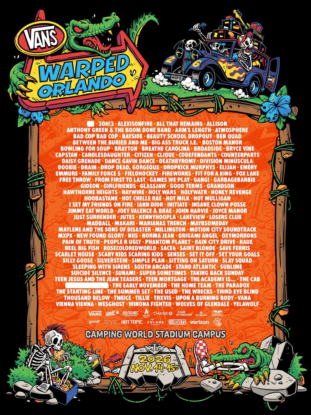 Warped Tour Orlando 2026 lineup poster — November 14–15, 2026, Camping World Stadium Campus, Orlando, FL